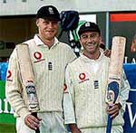 England batsmen Andrew Flintoff and Graham Thorpe