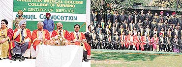 Defence Minister George Fernandes at the annual convocation of CMC&H and College of Nursing; and (right) a group of degree holders.