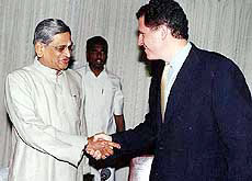 Dell Computers Corporation  Chairman and CEO Michael S. Dell, a leading vendor of personal computers, meeting Karnataka Chief Minister S. M. Krishna