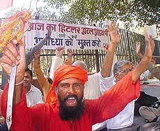 Activists of the Indraprastha Vishwa Hindu Parishad during a dharna