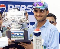 Indian captain Saurav Ganguly holds the series trophy