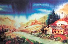 A water colour painting by Chaman Sharma displayed at IndusInd Art Gallery, Sector 8, Chandigarh.