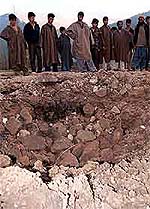 The scene of Wednesday's powerful improvised explosive device explosion at Tekipora in the frontier district of Kupwara