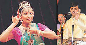 Kaushalya Reddy; and (right) Sanjeev Abhyankar perform at the 32nd Bhaskar Rao Nritya and Sangeet Sammelan at Tagore Theatre in Chandigarh on Friday.