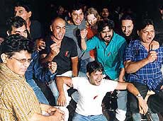 Actors from the successful Indian film �Lagaan� dance at a party in Mumbai