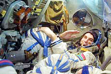 South African millionaire Mark Shuttleworth trains inside a module of a Soyuz spacecraft in Star City outside Moscow, on Tuesday. 