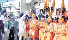 Panj Piaras at the Hola Mohalla function organised by the Guru Gobind Singh Study Circle at Sarabha Nagar on Friday.