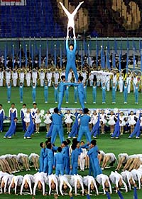 North Korean soldiers, workers and students rehearse for a mass gymnastics display of 100,000 performers at the May Day stadium in Pyongyang.