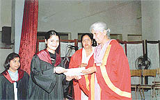 A student of the GHG College of Education for Women, Sidhwan Khurd, gets degree during the annual convocation held on Monday.