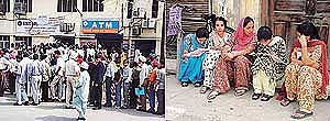Long queques of students and their parents outside the Bharat Nagar branch of the State Bank of Patiala