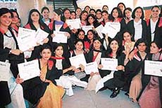 Girls of Home Science College Sector 10, after receiving their degrees at the annual convocation and prize distribution function in Chandigarh on Wednesday.