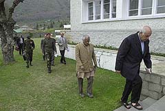 Farooq Abdullah, Chief Minister of Jammu Kashmir escorts the Indian Defence Minister