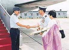 AOC-in-C, Maintenance Command, Air Marshal S S Gupta (left), being received by Air Cmde S. B. Prashar on his arrival in Chandigarh on Saturday.