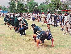Tug-of-war event in progress at the sports meet-cum-Parivar Divas celebration of the Ludhiana police.