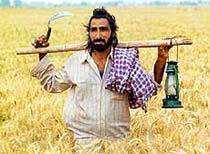 A farmer holds a sickle and lantern 