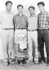 Students of Government Polytechnic College with their creation, the walking robot, which they claim is the first of its kind in the country at Bathinda on Sunday.