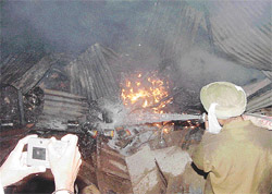 Firefighters busy dousing flames at the furniture market on the Madanpura road in Chandigarh on Thursday evening.