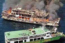 Fire engulfs the Maria Carmella ferry at sea