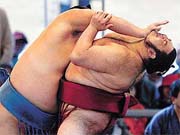 Japanese sumo wrestlers Tamakasuga (L) pushes Toki's head back during a Sumo tournament 