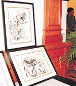 Husain�s works on view at Hotel Gulmor in Ludhiana on Saturday.