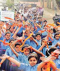 Students of Bhartiya Vidya Mandir take out a procession to mark Vikrami Samvat-2059 and Baisakhi on Saturday.