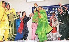 Students of GMSSS-18 present giddha on the occasion of "Women�s Savings Day" held on the school premises in Chandigarh on Monday.