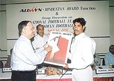 DSA League champions Hindustan Club goalkeeper Salim Ansari receiving the award from Mr Anand Bhardwaj