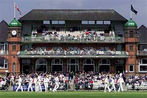 Lancashire cricket team prepare to play Leicestershire in front of the pavillion