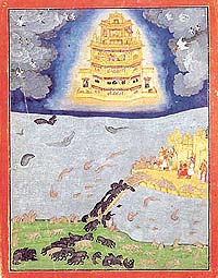 Rama leaves Lanka in the Pushpaka Vimana, folio from the Ramayana, Binney collection