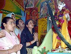 Devotees pray at the Ram temple in Rainawari on the occasion of Ram Navami in Srinagar on Sunday.