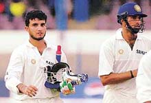 India captain Sourav Ganguly with VVS Laxman leaves the field