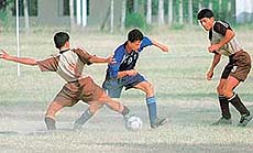 The final tie of the Air Force Football Championship between Western Air Command and Eastern Air Command in progress at 3 BRD grounds in Chandigarh on Tuesday.