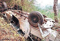 Mangled remains of the jeep that fell into a 200-foot-deep gorge near Morni on Thursday.