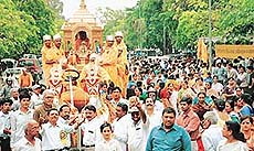 Devotees participate in the "rath yatra" organised on the occasion of Mahavir Jayanti in Chandigarh on Thursday.