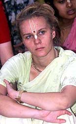 A foreign follower at the newly built "Katha Kunj," which was inaugurated by Jagadguru Shankracharya
