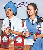 Manbir Singh and Yachika Dhawan, winners of the Frank Anthony Memorial All-India Inter-School Debate Competition-2002, at St Kabir Public School, Sector 26 in Chandigarh on Monday.