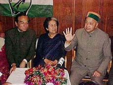 The CLP leader, Mr Virbhadra Singh, PCC Chief, Mrs Vidya Stokes and a former Chief Minister, Thakur Ram Lal, jointly addressing media persons after the victory of congress in the election for the Shimla municipal corporation on Monday.