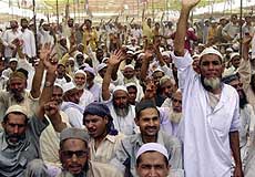A section of the Mulsim crowd at the Ram Lila Ground in New Delhi during a rally 'save India front' against Sangh Parivar and BJP government for the recent communal riots in Gujarat