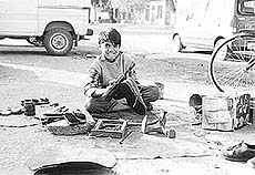 A child does the work of a cobbler on a road at Paonta Sahib.