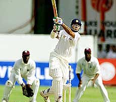 India's captain Saurav Ganguly hits West Indies fast bowler