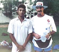 Mark Ingty with Dennis Lillee at the MRF Pace Bowling Academy.