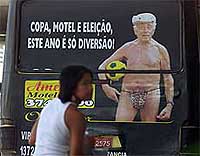 In typical Brazilian fashion, a humorous advertisement for a motel adorns the back of a city bus