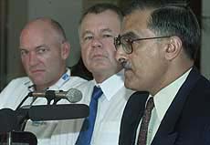 Pakistan Cricket Board director Munawar Rana, Match Referee Mike Procter from South Africa and New Zealand cricket team Manager Jeff Crowe address a Press conference