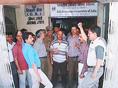 Employees of the Life Insurance Corporation on a two-hour strike in Shimla on Friday.