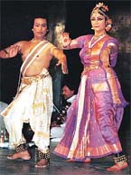 Guru Jayaram Rao, accompanied by his disciple and wife Vanashree, perform kuchipudi, during a programme
