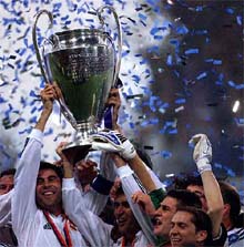 Real Madrid's captain Fernando Hierro lifts the European Cup