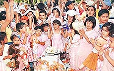 Tinytots of Blue Bird Model School celebrate Doll�s Birthday Party at the Sukhna Lake in Chandigarh on Friday.