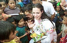 American actress Angelina Jolie receives gifts from children