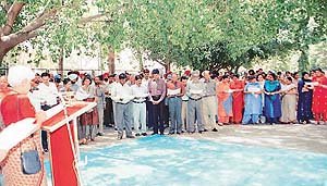 Officials of the Chandigarh Administration take an oath to fight terrorism on Anti-Terrorism Day in Chandigarh on Tuesday.