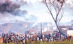 The scene at Shakurpur where 800 makeshift structures were gutted in a fire.